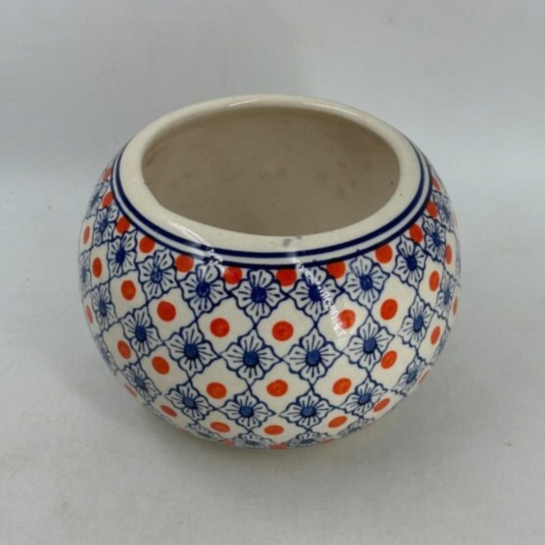 Planter - Round Cream Bowl Pot with Orange Polka Dots & Blue Floral