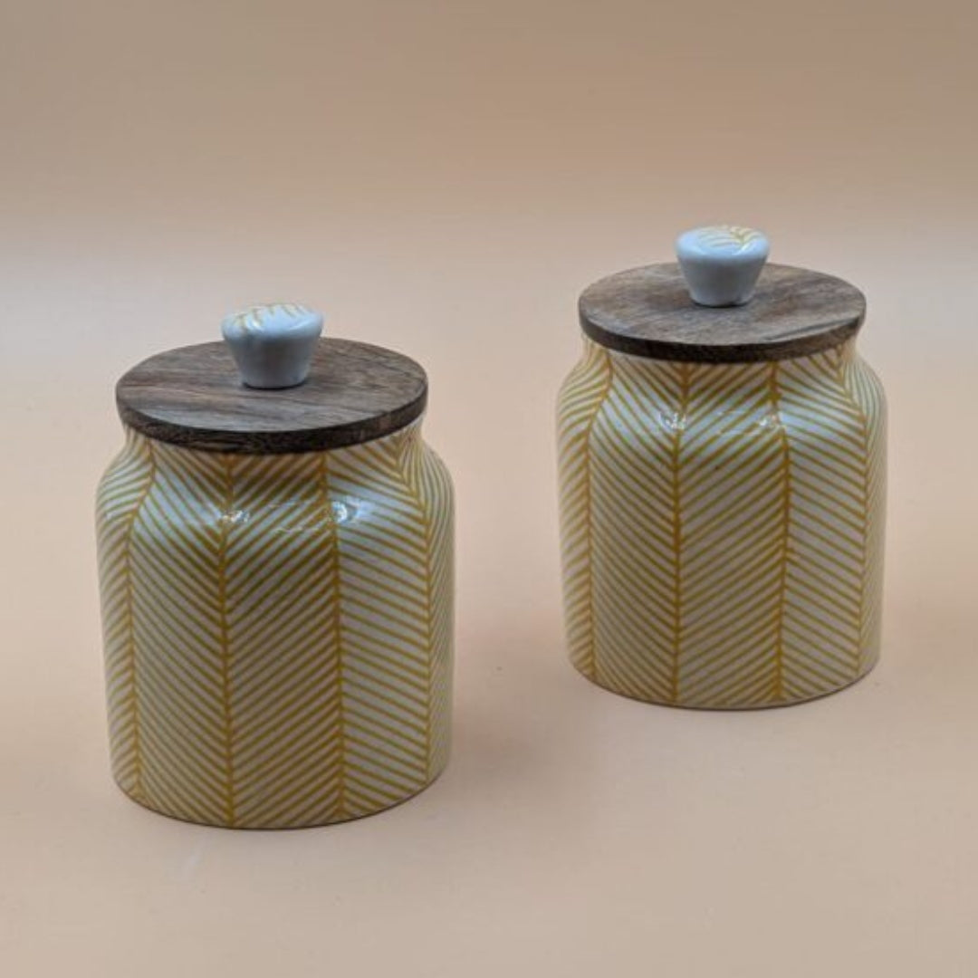 Airtight Jars with Wooden Lid - Yellow Lines Herringbone Pattern