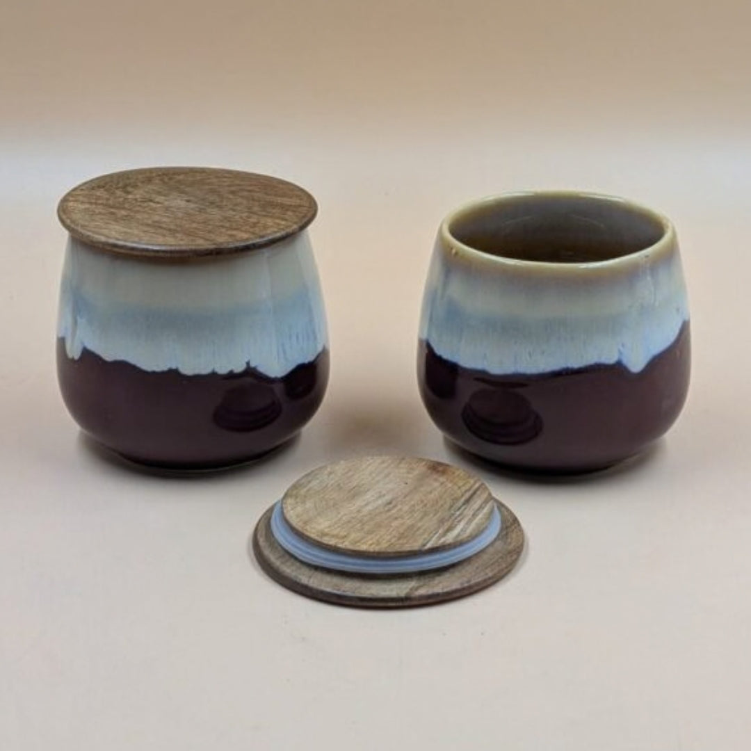 Ceramic Airtight Jars with Wooden Lid - Dual Tone Purple & Cream Glaze