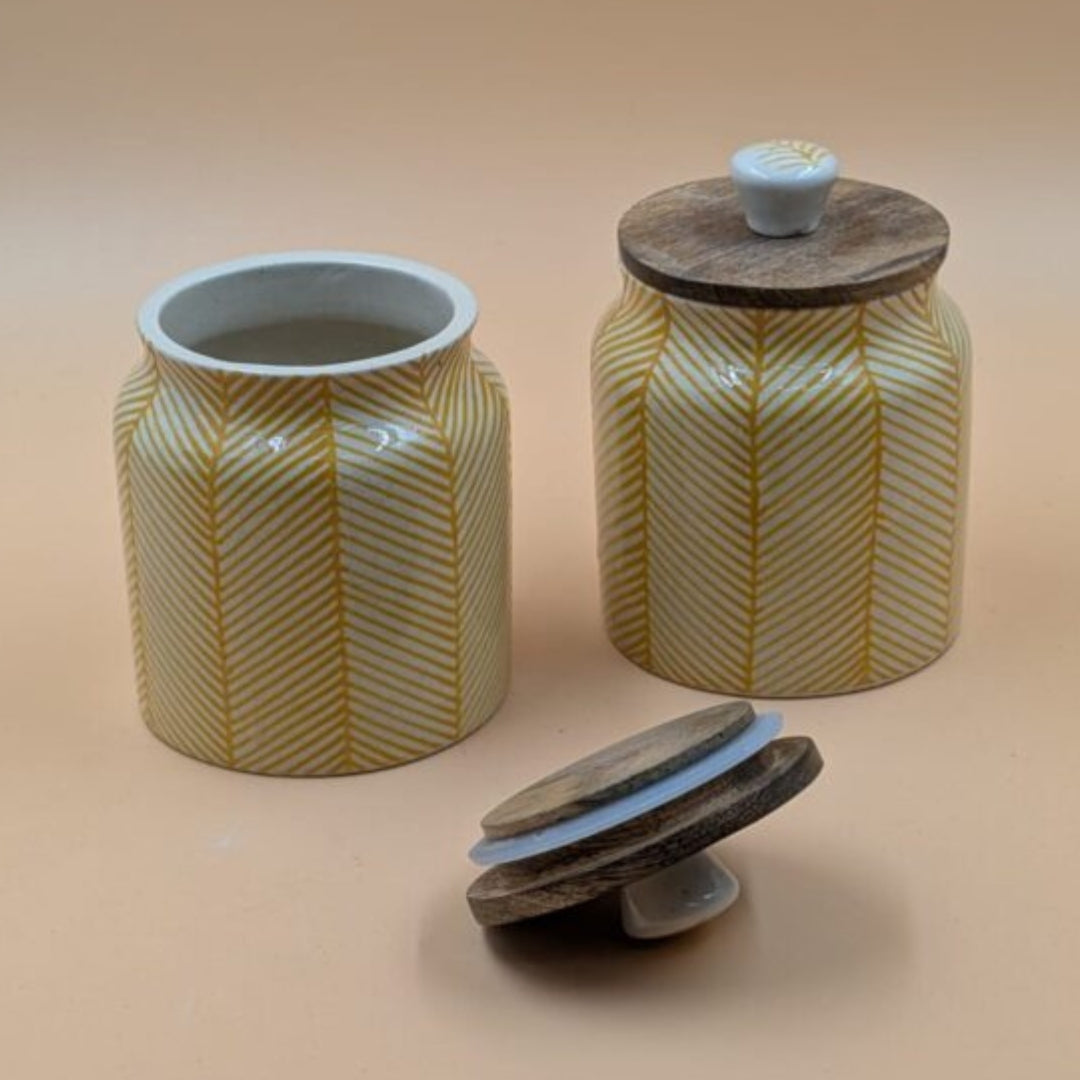 Airtight Jars with Wooden Lid - Yellow Lines Herringbone Pattern