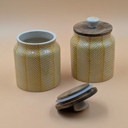 Airtight Jars with Wooden Lid - Yellow Lines Herringbone Pattern