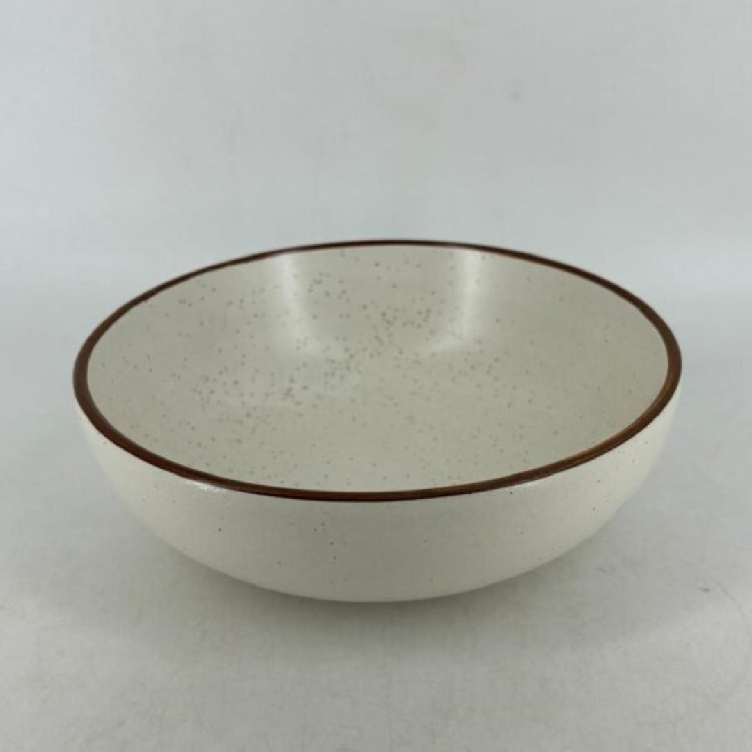 Ceramic Serving Bowl - Speckled Off-White with Brown Rim