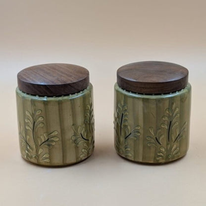Airtight Jars with Wooden Lid - Floral Green Embossed Pattern
