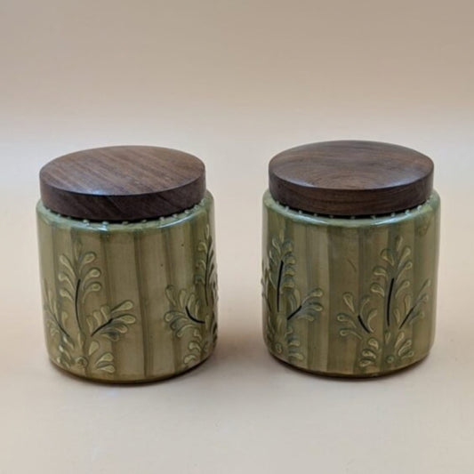 Airtight Jars with Wooden Lid - Floral Green Embossed Pattern