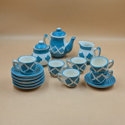 Ceramic Miniature Toy Tea Set (15 Pieces) - Turquoise & White Moroccan