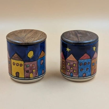 Ceramic Airtight Jars with Wooden Lid - Night Cityscape / Huts