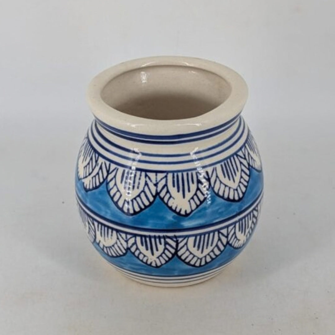 Planter - Turquoise Blue Pot with Flared Neck & Scalloped Petal Motif