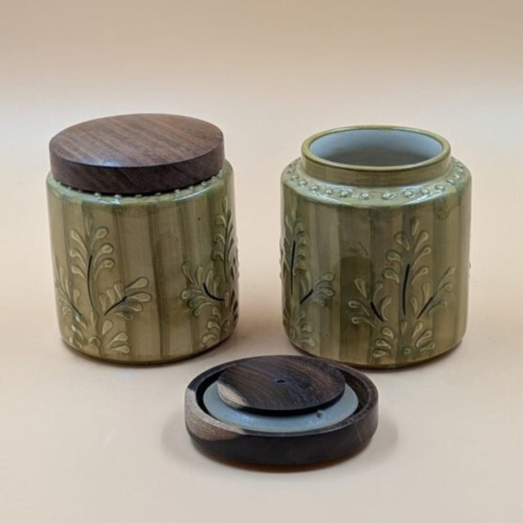 Airtight Jars with Wooden Lid - Floral Green Embossed Pattern