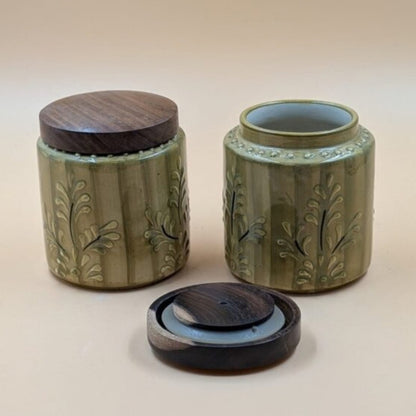 Airtight Jars with Wooden Lid - Floral Green Embossed Pattern