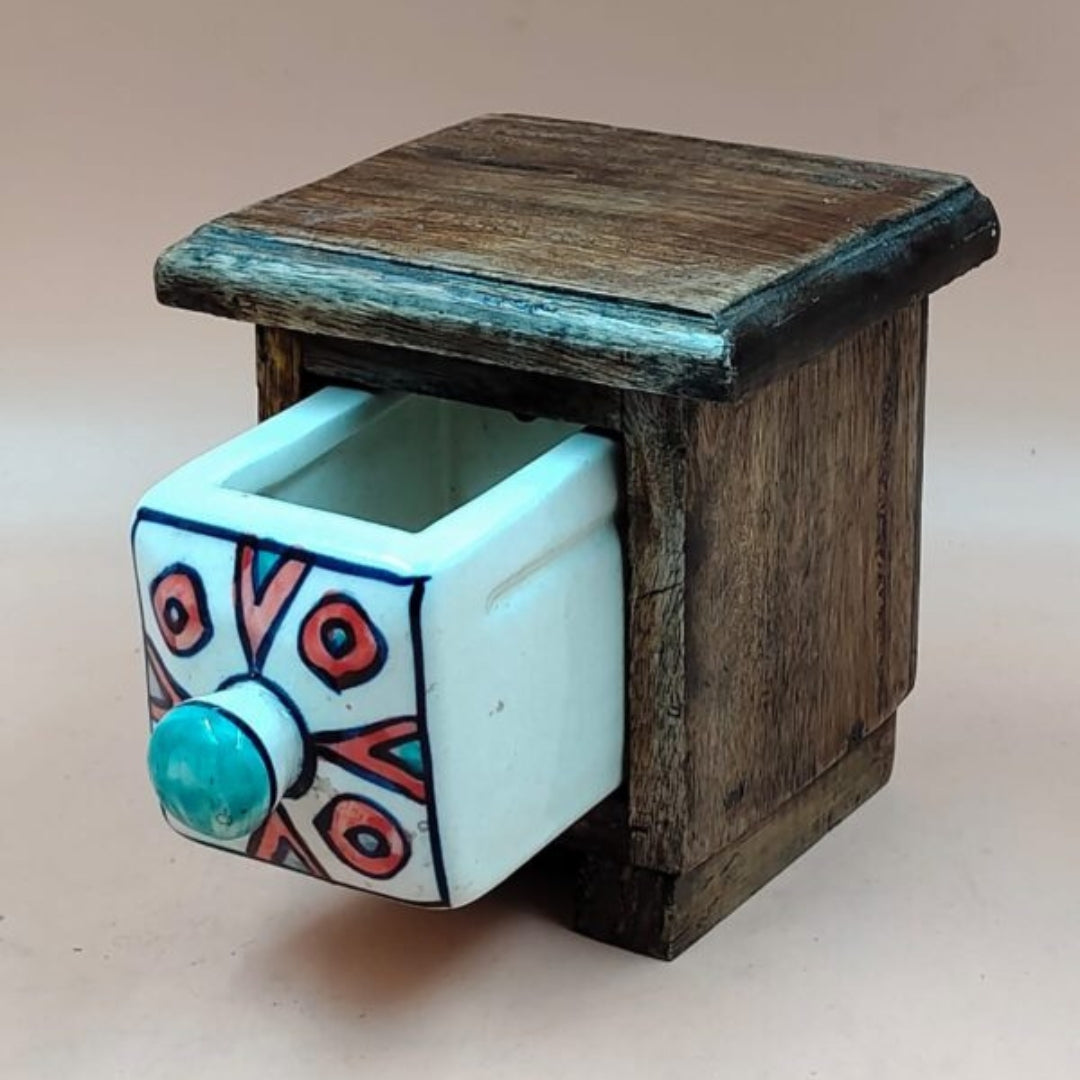 Wooden Mini Chest with Ceramic Drawer