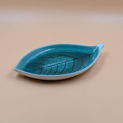 Platter - Leaf Shape Teal Blue Glazed with Leaf Vein Texture