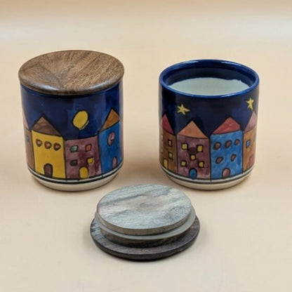 Ceramic Airtight Jars with Wooden Lid - Night Cityscape / Huts