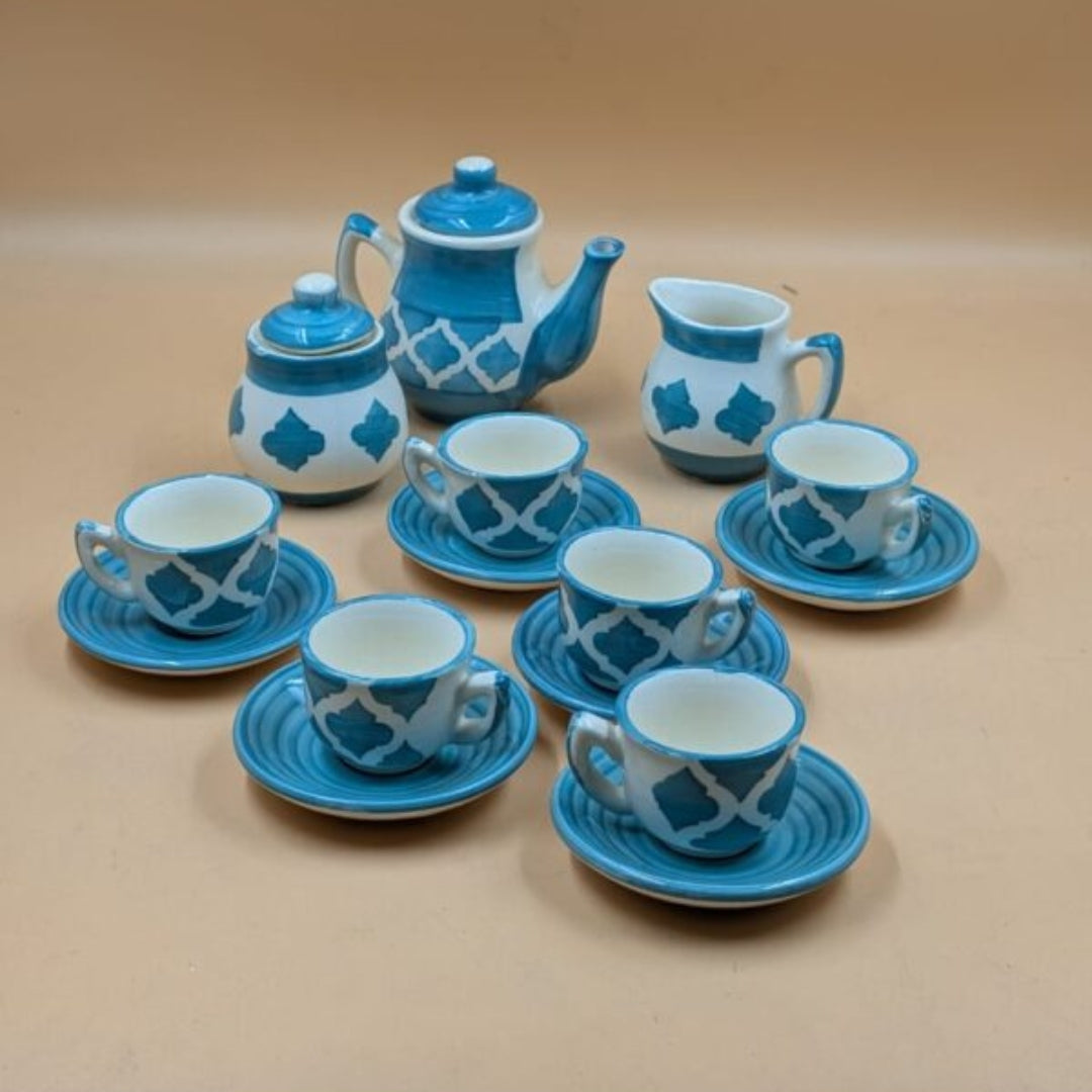 Ceramic Miniature Toy Tea Set (15 Pieces) - Turquoise & White Moroccan