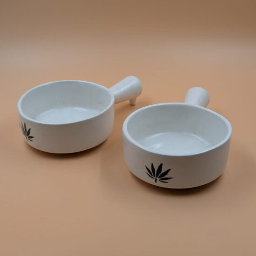 Ceramic Soup Bowls with Handle - Leaf Print