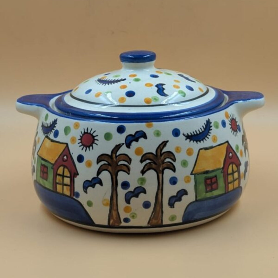 Casserole Serving Bowl with Lid & Handles - Village Huts Motif
