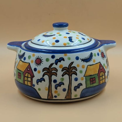 Casserole Serving Bowl with Lid & Handles - Village Huts Motif