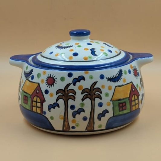 Casserole Serving Bowl with Lid & Handles - Village Huts Motif
