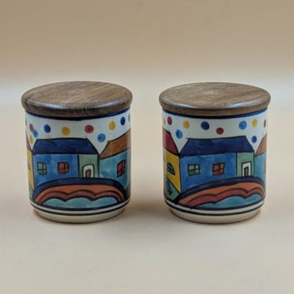 Ceramic Airtight Jars with Wooden Lid (Set of 2) - Colorful Village Huts