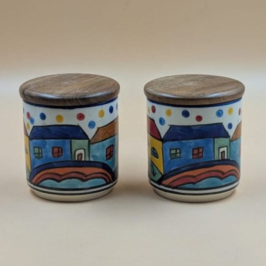Ceramic Airtight Jars with Wooden Lid (Set of 2) - Colorful Village Huts