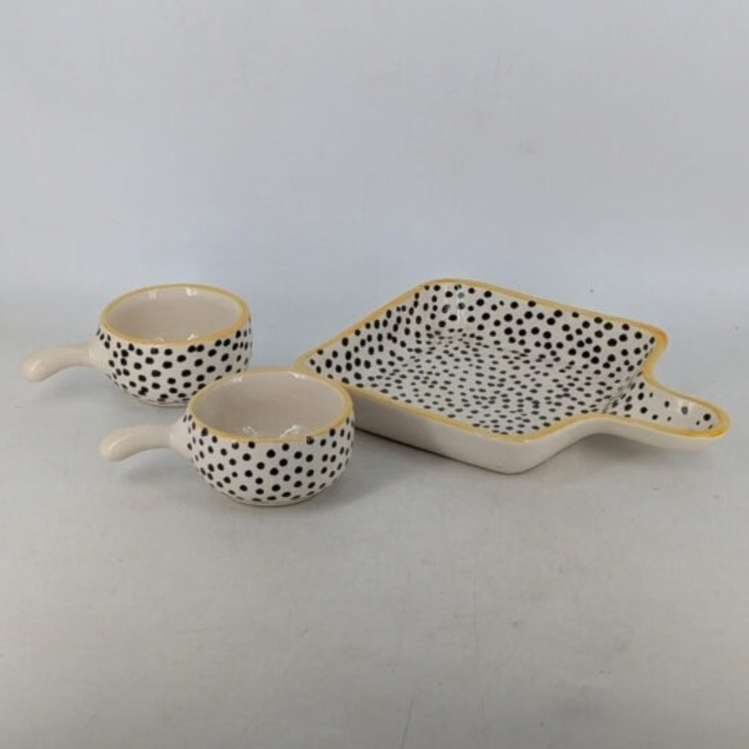 Platter Set with Handle & 2 Dip Bowls - Black Polka Dot Pattern