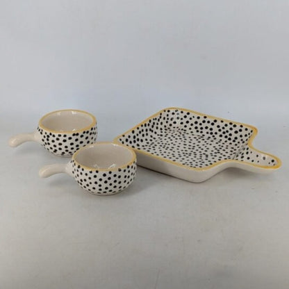 Platter Set with Handle & 2 Dip Bowls - Black Polka Dot Pattern