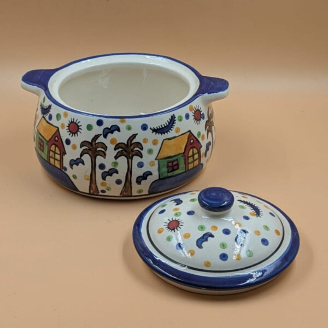 Casserole Serving Bowl with Lid & Handles - Village Huts Motif