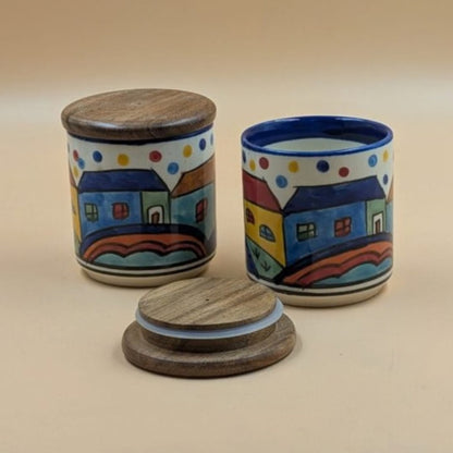 Ceramic Airtight Jars with Wooden Lid (Set of 2) - Colorful Village Huts