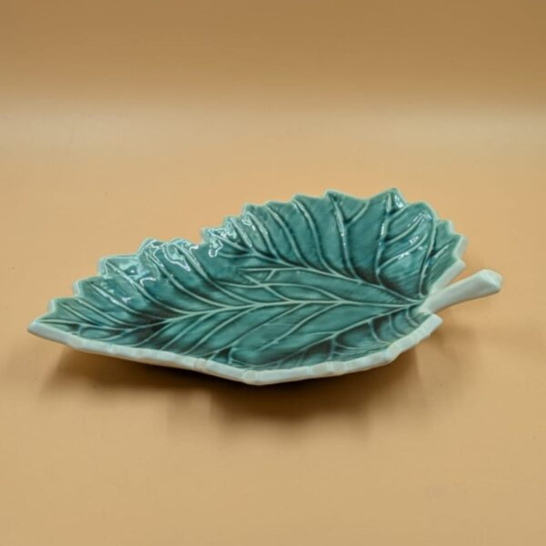 Platter - Carved Leaf Shape Teal Glazed