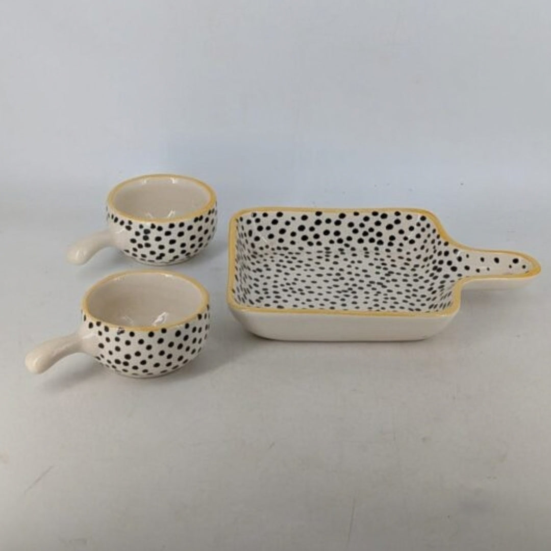 Platter Set with Handle & 2 Dip Bowls - Black Polka Dot Pattern