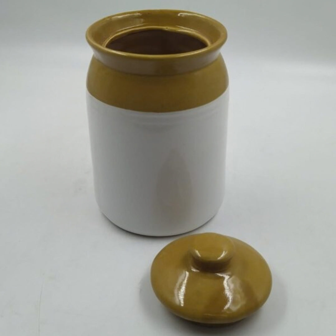 Traditional Ceramic Barni / Pickle Jar with Lid - Mustard Yellow & White Glaze