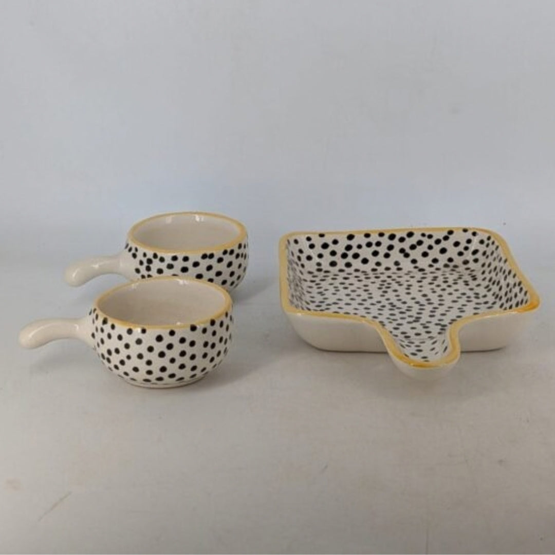 Platter Set with Handle & 2 Dip Bowls - Black Polka Dot Pattern