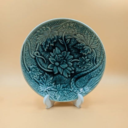 Platter - Round Textured Floral Motif Teal Glazed
