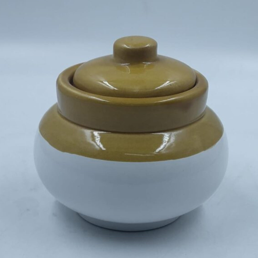 Small Ceramic Pickle Jar / Barni with Lid - Round Ochre Yellow & White Glaze