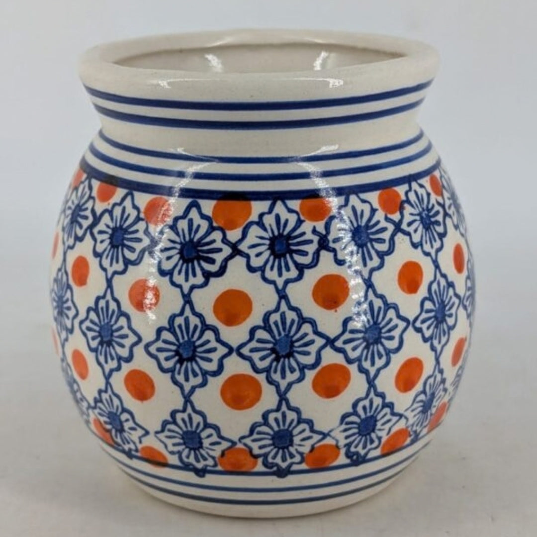 Planter - Cream Pot, Orange Polka Dots & Blue Floral Lattice Motif