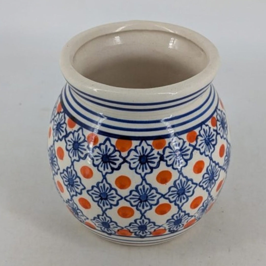 Planter - Cream Pot, Orange Polka Dots & Blue Floral Lattice Motif