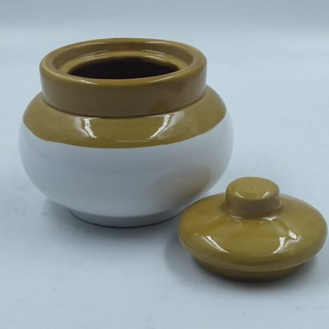 Small Ceramic Pickle Jar / Barni with Lid - Round Ochre Yellow & White Glaze