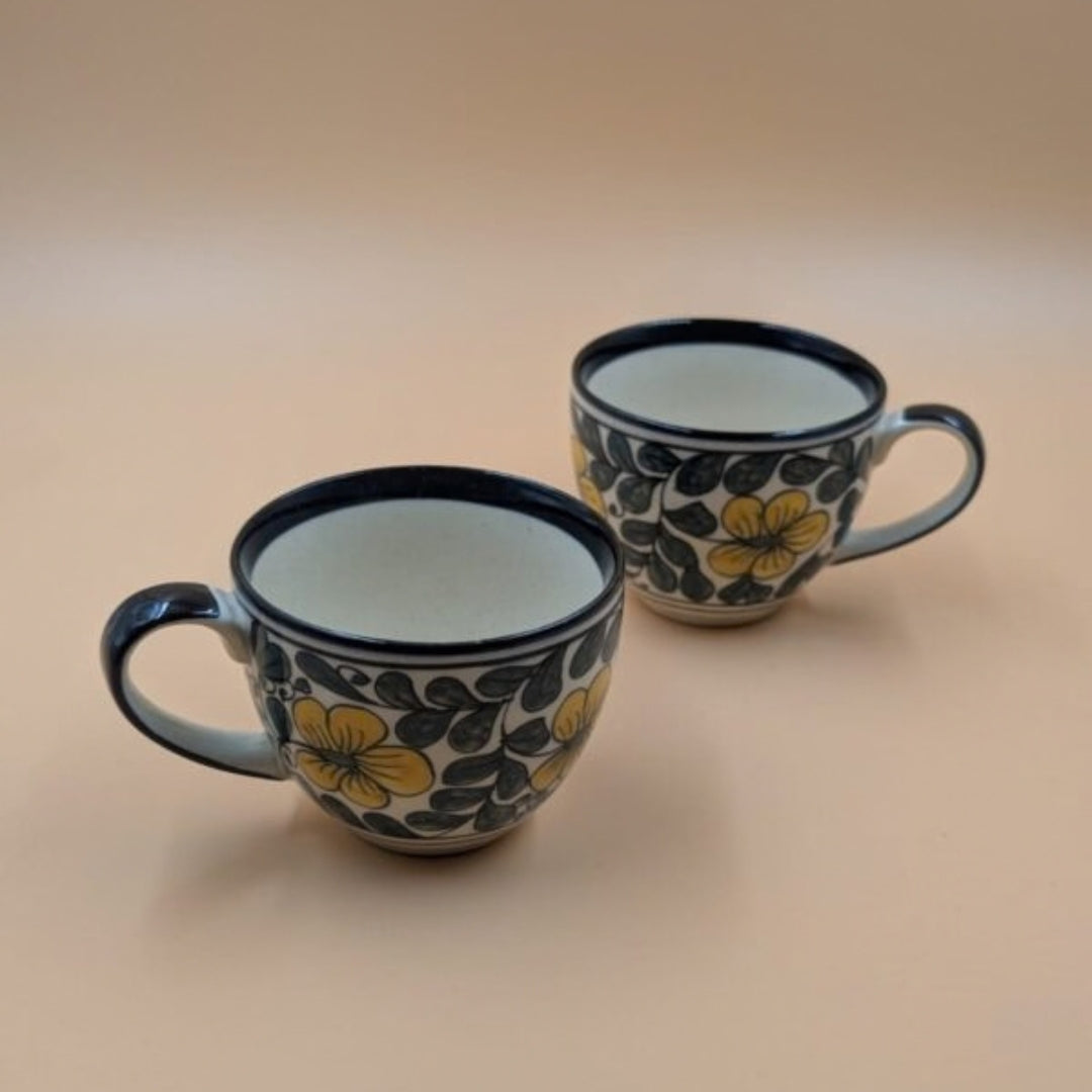 Ceramic Soup Cups with Side Handle - Yellow Floral Pattern