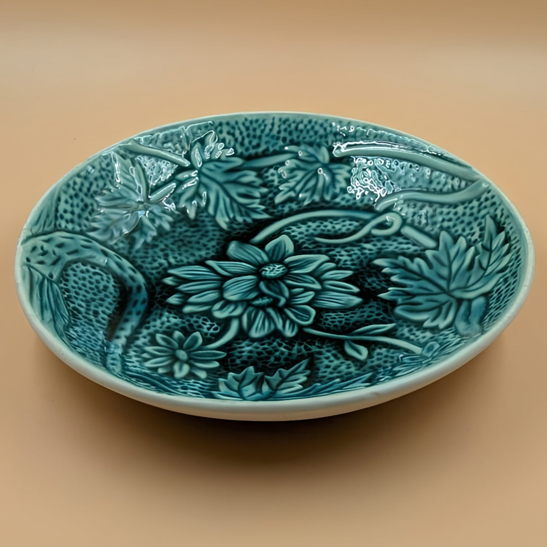 Platter - Round Textured Floral Motif Teal Glazed
