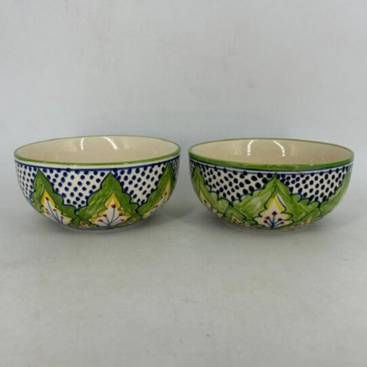 Ceramic Serving Bowls Set - Green & Blue Ethnic Floral Motif