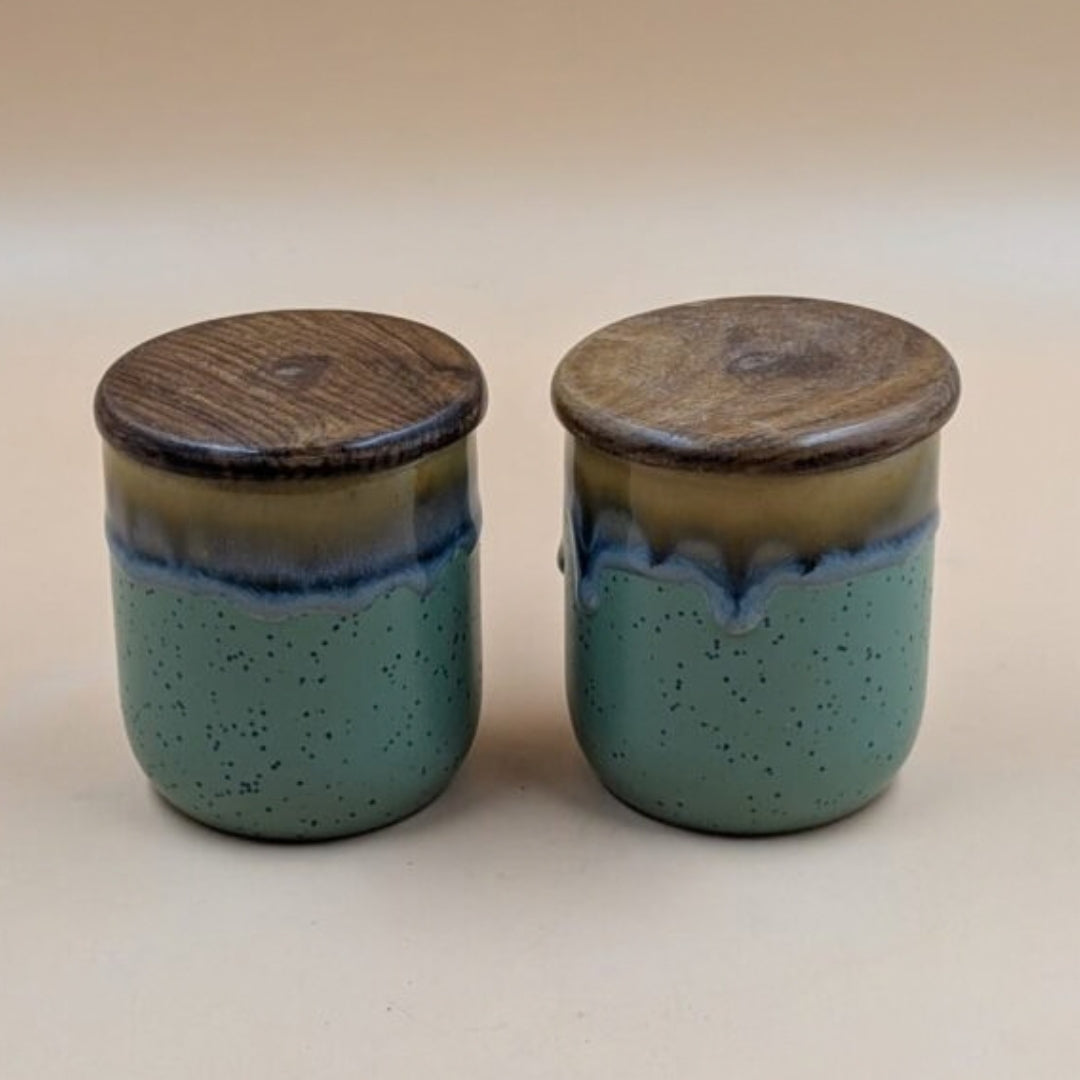 Airtight Jars with Wooden Lid - Dual Tone Jade Green & Brown Dripping Glaze