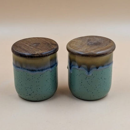 Airtight Jars with Wooden Lid - Dual Tone Jade Green & Brown Dripping Glaze