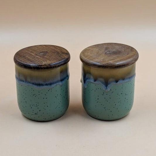 Airtight Jars with Wooden Lid - Dual Tone Jade Green & Brown Dripping Glaze