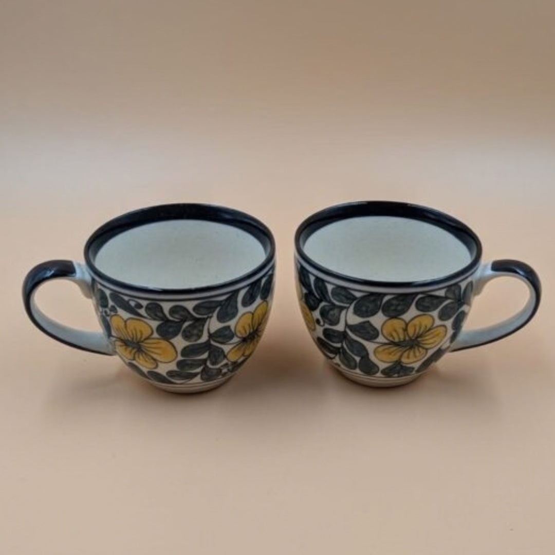 Ceramic Soup Cups with Side Handle - Yellow Floral Pattern