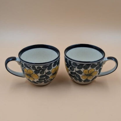 Ceramic Soup Cups with Side Handle - Yellow Floral Pattern