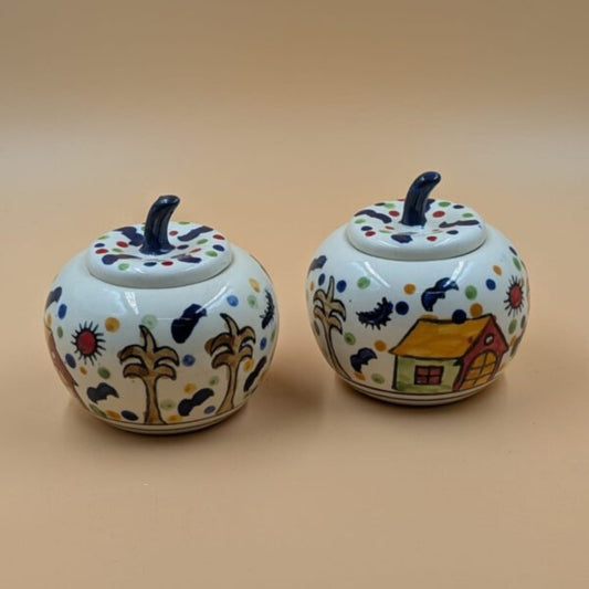Ceramic Apple jar with Lid - Hut & Tree Village Motif