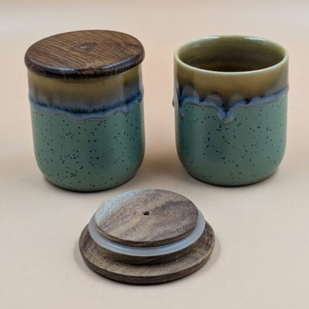 Airtight Jars with Wooden Lid - Dual Tone Jade Green & Brown Dripping Glaze