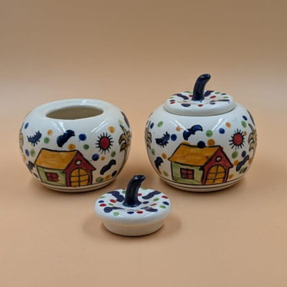Ceramic Apple jar with Lid - Hut & Tree Village Motif