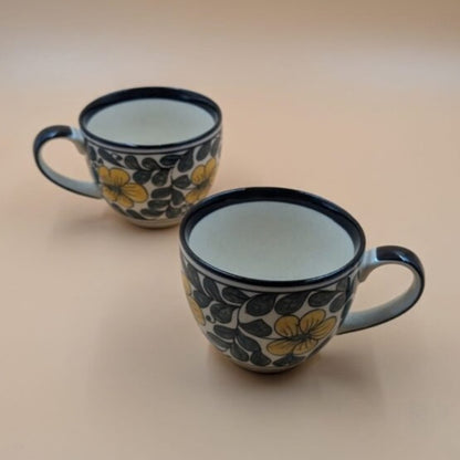 Ceramic Soup Cups with Side Handle - Yellow Floral Pattern