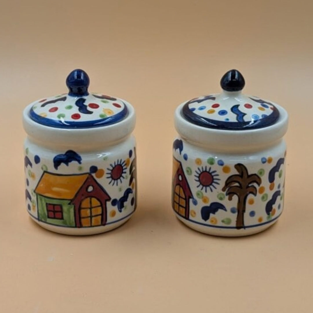 Ceramic Mini Jars with Lid - Village Huts & Palm Tree Motif