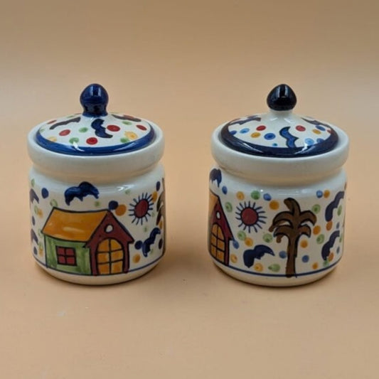 Ceramic Mini Jars with Lid - Village Huts & Palm Tree Motif